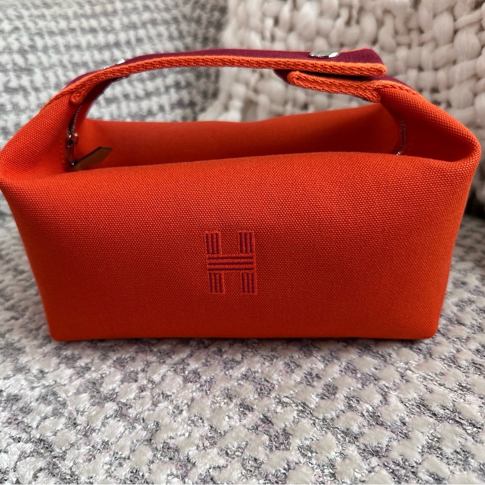 NEW HERMÈS CANVAS SMALL BRIDE-A-BRAC POUCH IN ORANGE AND BURGUNDY